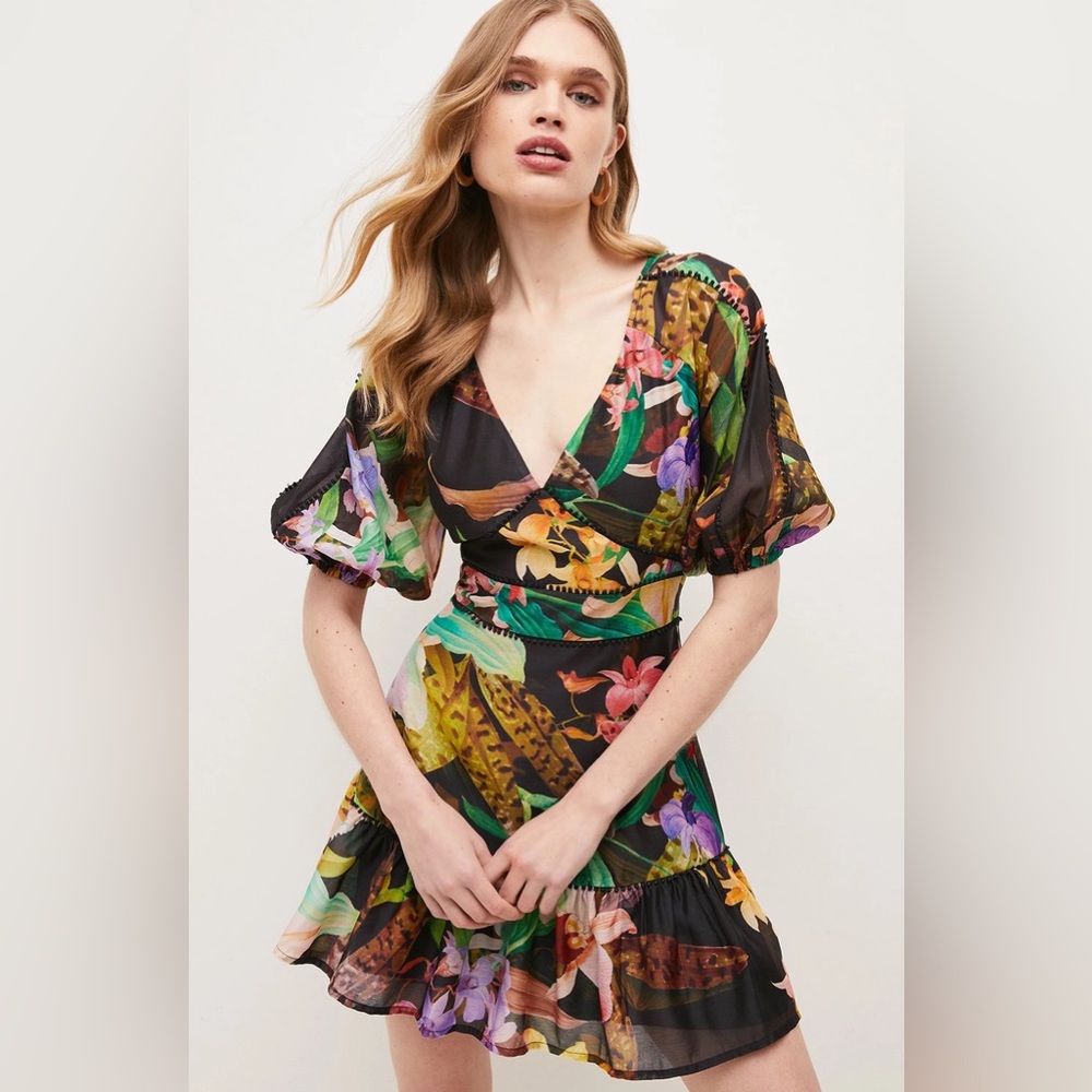 NWT Karen Millen Dark Tropical Cotton Voile Puff Shoulder Mini Dress